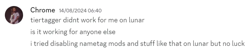 Discord screenshot of Chrome saying TierTagger is not working for them on Lunar